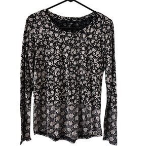 Lucky Brand Black and White Floral Scoop Neck Long Sleeve Boho Shirt Size S NWT